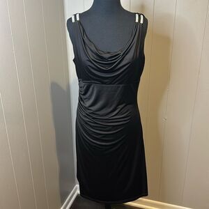 Calvin Klein black ruched draped neck sparkle rhinestone shoulder bar sheath. 8